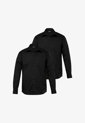 Two long-sleeve black shirts, made of smooth fabric, featuring a standard collar, front buttons, and a small embroidered logo on the pocket.