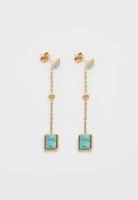 Gold-tone earrings feature a chain with a rectangular turquoise stone pendant and circular accent, suspended from a stud attachment.