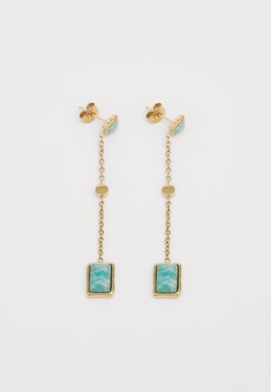Des boucles d'oreilles dorées présentent une chaîne avec un pendentif en turquoise rectangulaire et un accent circulaire, suspendus à un attachement à clou.