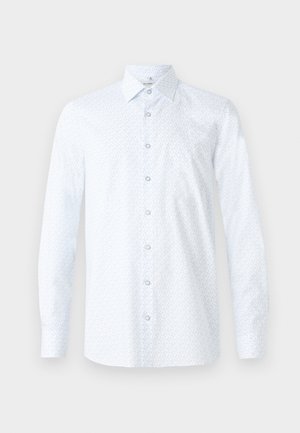 White long-sleeve shirt featuring a subtle light blue pattern, classic collar, button-down front, and smooth fabric texture.