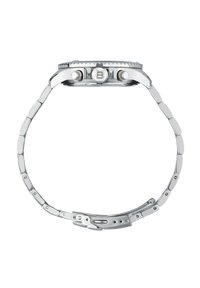 Sølv rustfrit stål ur med en rund kasse, to sideknapper og et linksarmbåndsdesign med en poleret finish.