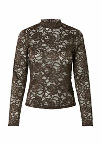 Brun blonde langermet topp med h�øy hals, blomsterprint, teksturert stoff og en tettsittende silhuett. Mønsteret har intrikate blomstermotiver.