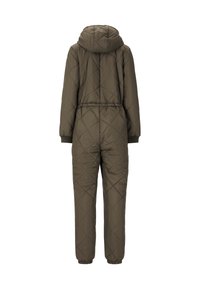 Vihreä ommeltu haalari hupulla, elastisella vyötäröllä ja ribatuilla hihansuilla. Materiaalissa on sileä rakenne ja vinot ompeleet.