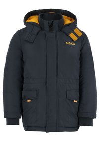 Marinblå puffjacka med gul insida, dragkedjestängning, två framfickor och kardborreband på axeln. Varumärkeslogotyp synlig.