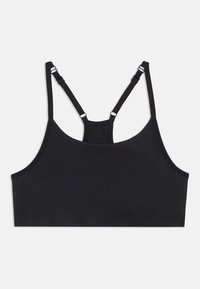 Μαύρο αθλητικό σουτιέν με ρυθμιζόμενους ιμάντες στους ώμους και πίσω σχέδιο racerback, απλωμένο επίπεδα σε λευκό φόντο.