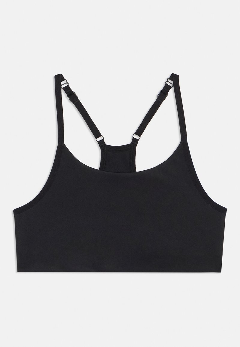 Μαύρο αθλητικό σουτιέν με ρυθμιζόμενους ιμάντες στους ώμους και πίσω σχέδιο racerback, απλωμένο επίπεδα σε λευκό φόντο.