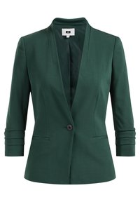 Mörkgrön kavaj med spetsig krage, enknappsstängning, trekvartslånga ärmar och sidofickor. Slät tyg, skräddarsydd passform.