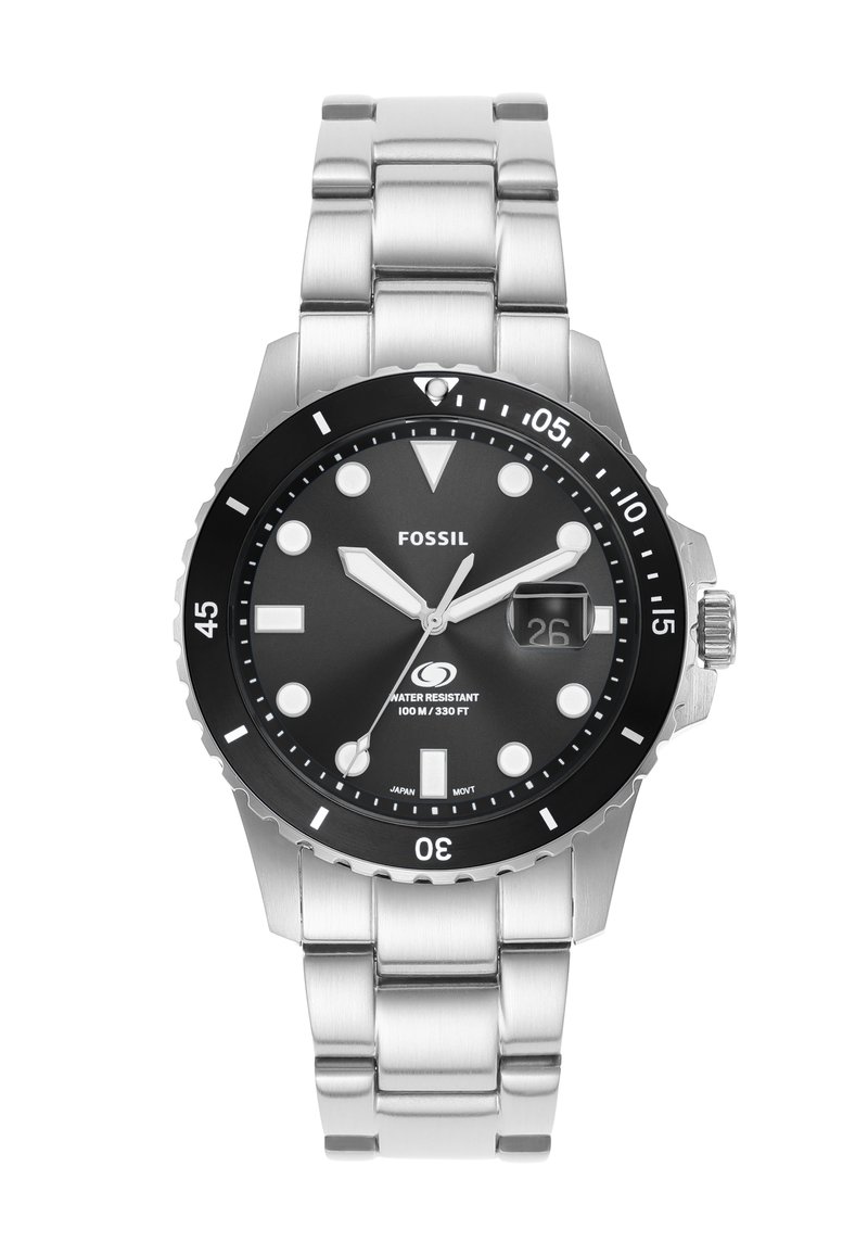 Sølv rustfrit stål ur med en sort urskive, lysende timeindikatorer og et datovindue. Udstyret med en roterende bezel og et leddelt armbånd.