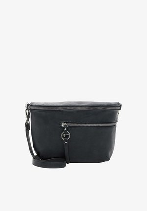 Borsa a tracolla nera in pelle con zip sulla parte superiore, tasca frontale e accessori in argento. Texture liscia, tracolla regolabile e design minimale.