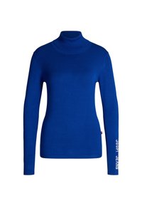Blauer Rollkragenpullover aus weichem, dehnbarem Material. Mit langen Ärmeln und dem in Weiß auf dem rechten Ärmel aufgedruckten Text "JOOP! JEANS".