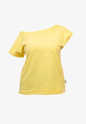 Yellow cotton t-shirt with an asymmetrical off-the-shoulder design, short sleeves, and a straight bottom hem. Tag on the side.