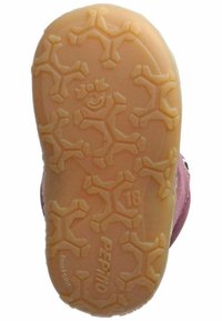 Purple shoe with a textured, flexible rubber sole. Features a hexagonal grip pattern and engraved branding on the sole. Size 18.