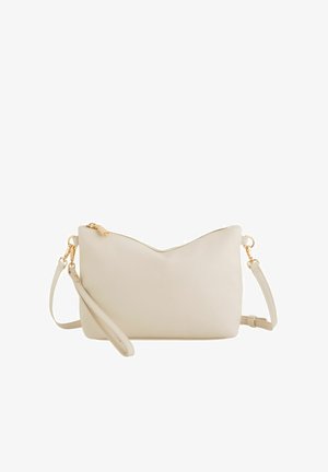 Petit sac bandoulière en cuir beige avec fermeture éclair dorée et sangle amovible sur fond blanc.