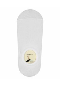 Weiße Sneakersocken mit abgerundetem Zehenbereich, versehen mit einem "Sneaker Fit"-Label, das hohe, mittlere und niedrige Schnittklassifikationen anzeigt. Weicher Material.
