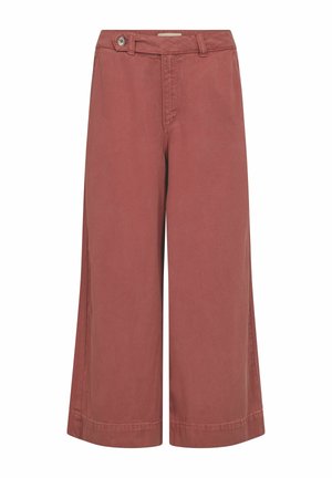 Rust-colored wide-leg cropped pants with button and zip closure, belt loops, and no visible pockets.