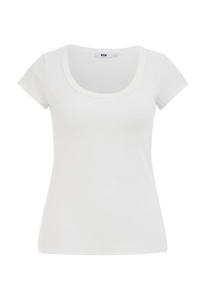 Witte, korte mouwen, getailleerde dames-T-shirt met ronde hals, weergegeven op een effen witte achtergrond.