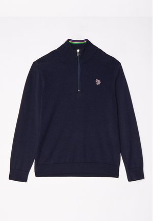 Navy pullover trui van textuurstof, met een ritskraag en meerkleurige strepenafwerking aan de binnenkant van de hals. Klein logo aan de voorkant.