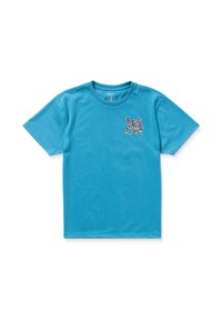 Turquoise bomuld t-shirt med rund halsudskæring og korte ærmer, med et flerfarvet grafisk print på venstre brystområde.