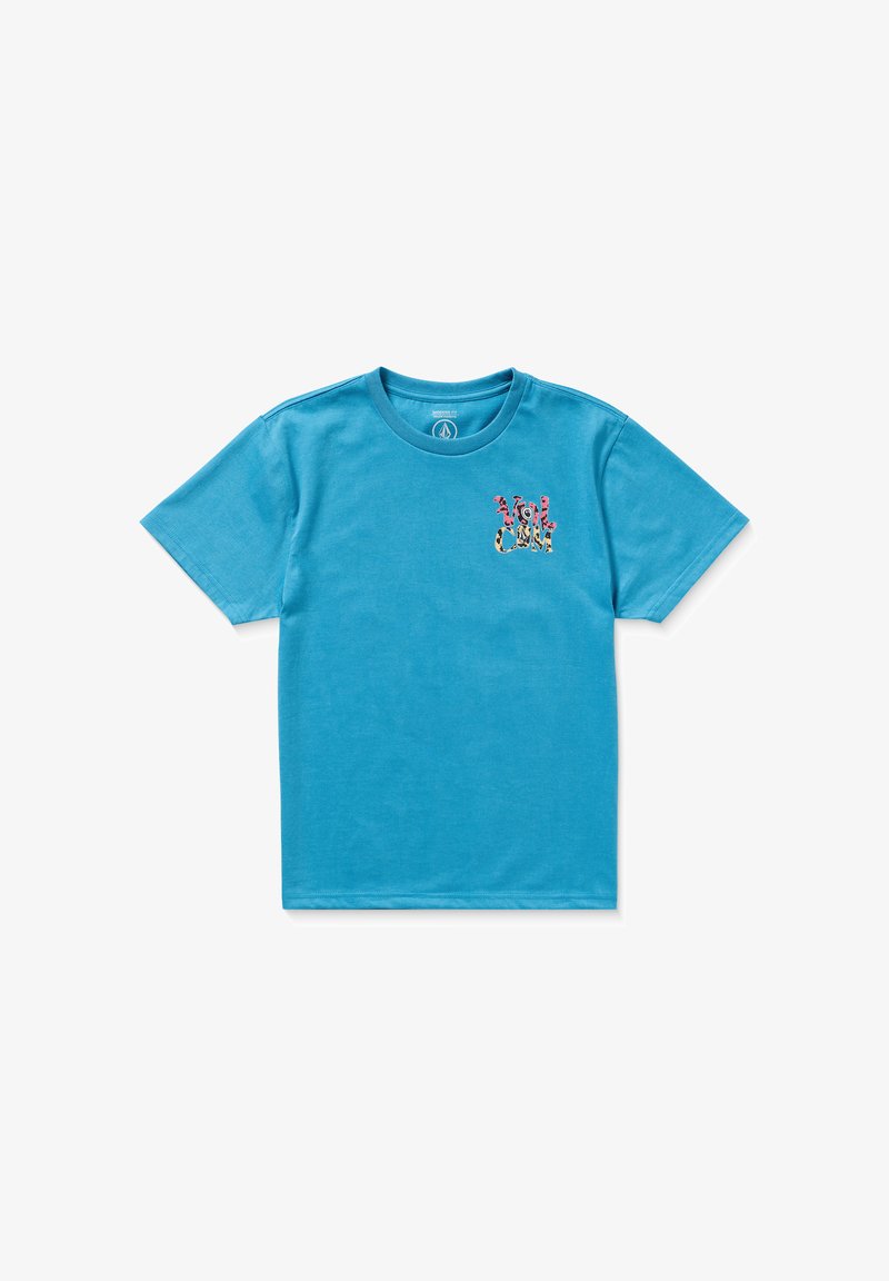 Camiseta de algodón turquesa con escote redondeado y mangas cortas, que presenta un estampado gráfico multicolor en la zona del lado izquierdo del pecho.