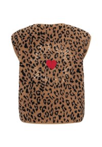 Luipaardprint vest van zachte, gestructureerde materialen met een ronde vorm. Voorzien van een rode hart en witte letters in een cirkelpatroon.