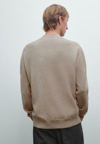 Maglione beige e testurizzato con scollo tondo e maniche lunghe. Polsini e orlo a costine. Indossato con pantaloni scuri, visto da dietro su uno sfondo neutro.