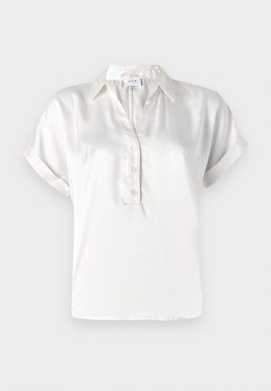 White satin short-sleeve polo shirt with a buttoned placket, standard collar, and rolled cuffs, featuring a smooth texture and clean lines.