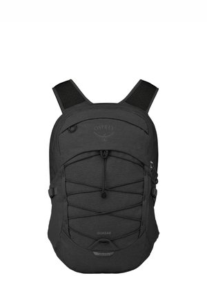 Black Osprey Quasar backpack with padded shoulder straps, front elastic bungee cords, and zippered compartments.