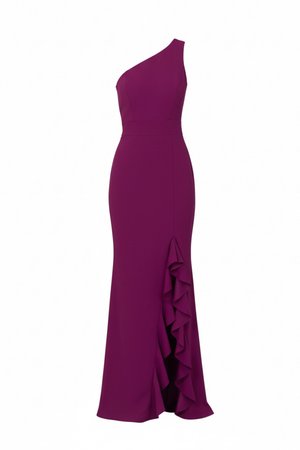Lila egyrészes estélyi ruha, testhezálló derékkal és hullámos fodros résszel az oldalsó hasítéknál.
