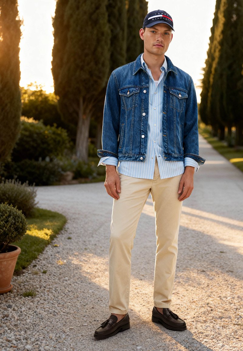 Ein junger Mann trägt eine Jeansjacke, ein gestreiftes Hemd, beige Hose und dunkle Loafers und steht auf einem mit Bäumen und Büschen gesäumten Kiesweg.