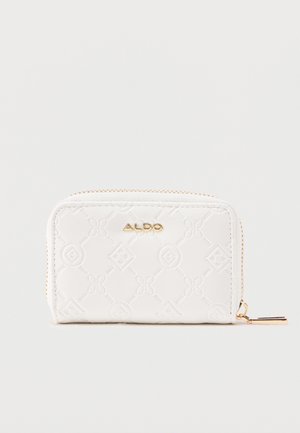 Bílá kožená peněženka s raženým vzorem a zipem po celém obvodu, se zlatým logem ALDO a jezdcem na zipu.