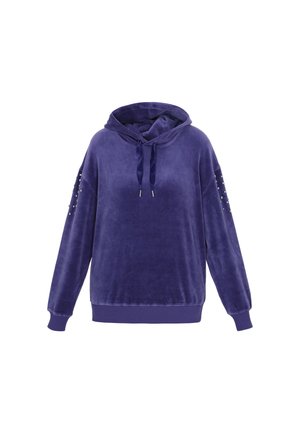 Lilla sametist kapuutsiga püük, millel on nööri kapuuts, ribakäised ja dekoratiivsed nupukesed varrukatel lisadetailideks.