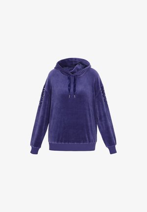 Lilla sametist kapuutsiga püük, millel on nööri kapuuts, ribakäised ja dekoratiivsed nupukesed varrukatel lisadetailideks.