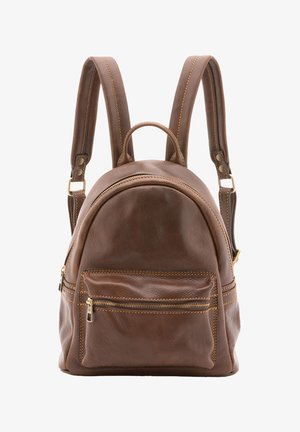 Brauner Leder-Rucksack mit runder Form, doppelten Schulterriemen, einem oberen Griff und einer vorderen Reißverschlusstasche mit goldenen Akzenten.