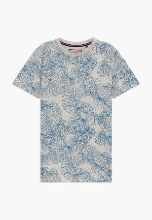Hellgraues T-Shirt mit kurzen Ärmeln und durchgängigem Muster aus blau umrandeten, tropischen Monstera-Blättern.