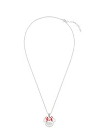 Collana in argento con pendente a forma di orso rotondo, dotato di un fiocco a pois rossi e di un dettaglio glitterato sul viso.
