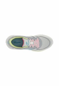 Lightweight athletic shoe featuring a gray mesh upper, pink and white laces, and a green lining with "Air Memory Foam" printed on the insole.