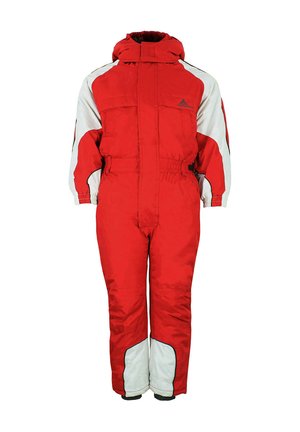 Combinaison de neige une pièce isolée rouge et blanche avec capuche, longues manches et sections rembourrées pour la protection contre le froid.