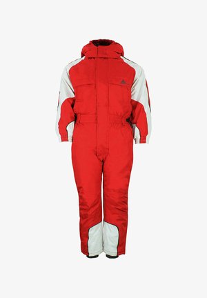 Combinaison de neige une pièce isolée rouge et blanche avec capuche, longues manches et sections rembourrées pour la protection contre le froid.