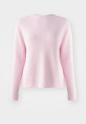 Suéter listrado em rosa claro, feito de um tecido suave, com decote redondo e mangas longas, apresentando um ajuste descontraído e um design minimalista.
