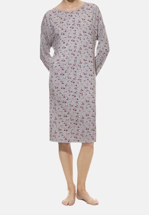 Gray floral nightgown featuring long sleeves, a round neckline, knee-length cut, and a soft, lightweight fabric with a floral print.
