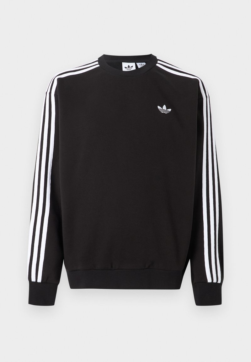 Black Adidas sweatshirt with white three stripes down sleeves and small white trefoil logo on left chest.