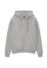 Grijze hoodie gemaakt van zachte stof met een kangoeroezak, trekkoorden, geribbelde boorden en zoom. Heeft een ontspannen pasvorm en een minimalistisch ontwerp.
