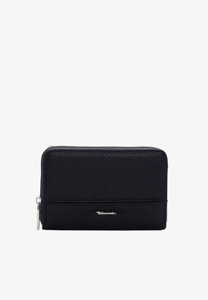 Black leather wallet with a textured surface, featuring a zip closure, front pocket, and a silver logo accent. Rectangular shape.