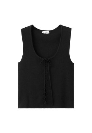 Čierny pletený top bez rukávov s výstrihom do lode a predným zaväzovaním na šnúrky uprostred.
