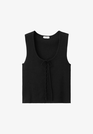 Top nero senza maniche in maglia con scollo rotondo e dettaglio frontale con allacciatura annodata al centro.