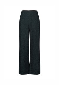 Pantalon à jambes larges en tissu foncé texturé avec un léger brillant. Doté d'une taille haute et d'une coupe ample, adapté pour un style décontracté.