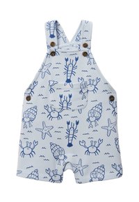 Salopette courte bleue en coton, ornée d'un motif de homard et d'étoile de mer. Présente des boutons en bois et une poche avant.