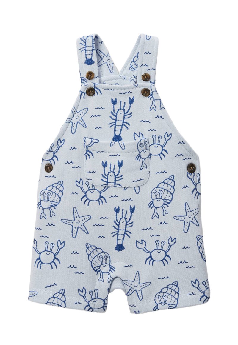 Salopette courte bleue en coton, ornée d'un motif de homard et d'étoile de mer. Présente des boutons en bois et une poche avant.