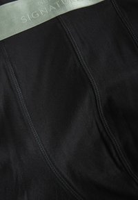 Schwarze Stoff-Boxershorts mit glatter Textur, ausgestattet mit einem breiten, hellgrünen Bund, der mit "SIGNATURE" gekennzeichnet ist, und kontrastierenden Nähdetails.