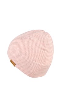 Light pink and white striped knit beanie with a small brown rectangular label on the edge against a white background.